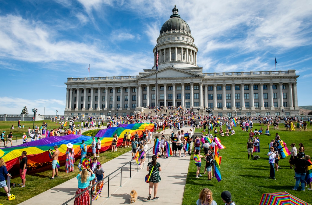 (Isaac Hale | Special to The Tribune) Attendees mill about before the Rainbow March and Rally began at the Utah State Capitol Building in Salt Lake City as part of Utah Pride Week on Sunday, June 6, 2021.
