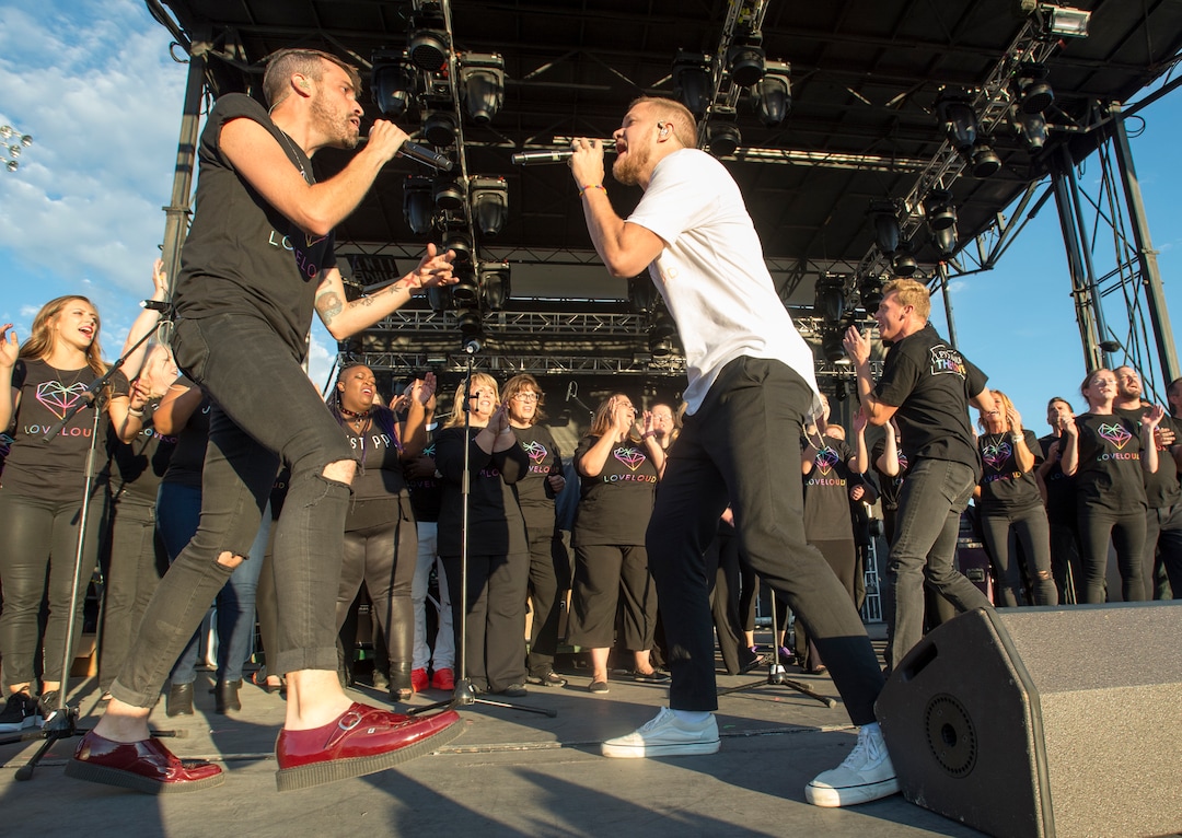 (Rick Egan  |  The Salt Lake Tribune)  Tyler Glenn, Neon Trees, and Dan Reynolds, Imagine Dragons perform a song together, at the LoveLoud Festival at Brent Brown Ballpark at UVU campus, Saturday, August 26, 2017.