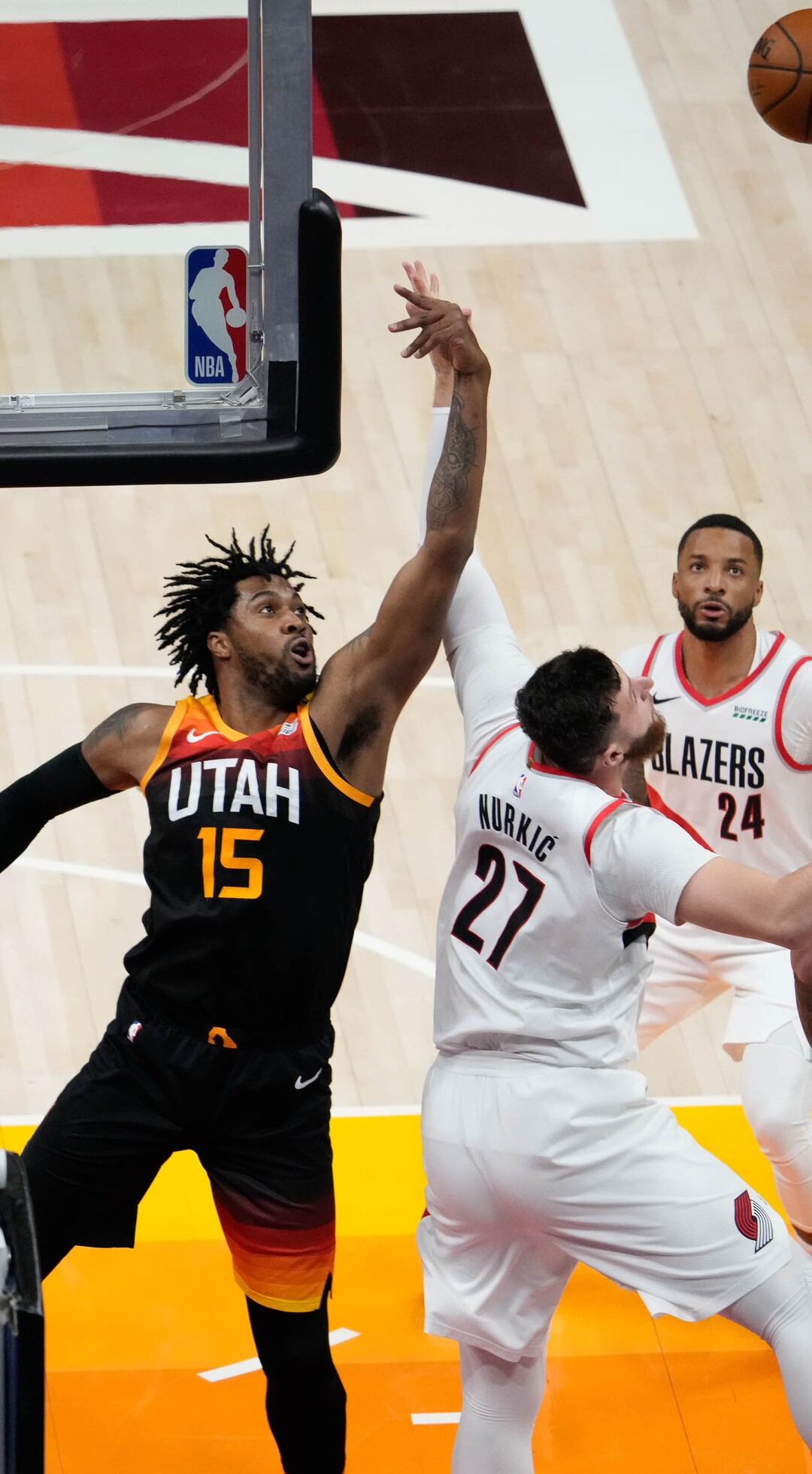 (Francisco Kjolseth | The Salt Lake Tribune) Utah Jazz center Derrick Favors (15) fight for a rebound in NBA action between the Utah Jazz and the Portland Trail Blazers, at Vivint Smart Home Arena, on Wednesday, May 12, 2021.
