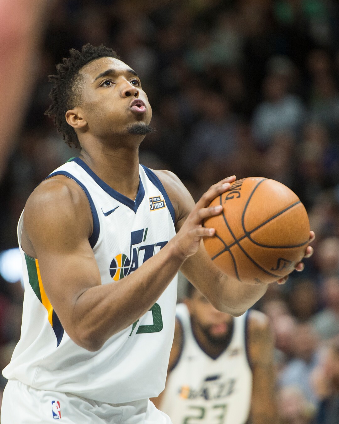 (Rick Egan  |  The Salt Lake Tribune)   Utah Jazz guard Donovan Mitchell (45) prepares to hit a clutch free throw with just seconds left in the game, as the Utah Jazz defeated the San Antonio Spurs 101-99, in Salt Lake City, Monday, February 12, 2018.