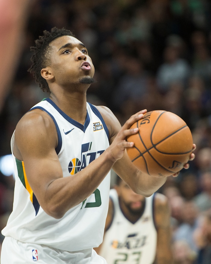 (Rick Egan  |  The Salt Lake Tribune)   Utah Jazz guard Donovan Mitchell (45) prepares to hit a clutch free throw with just seconds left in the game, as the Utah Jazz defeated the San Antonio Spurs 101-99, in Salt Lake City, Monday, February 12, 2018.