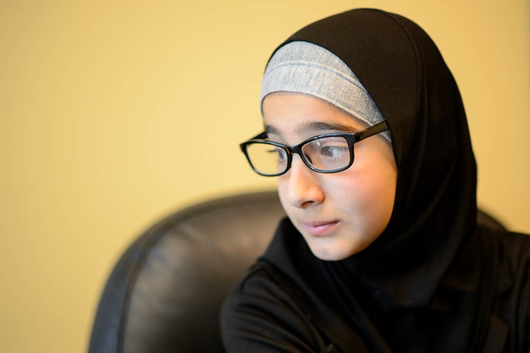 (Trent Nelson | The Salt Lake Tribune)  
Maram Al-Shammari, an 11-year-old Muslim girl, recounts experience of having her hijab pulled off her head at school.  The Refugee Justice League, a group of attorneys that provide pro-bono work for refugees in Utah, held a news conference to discuss a letter they are sending to school districts asking them to adopt best practices to better handle reports of students bullying/singling out refugee students for their religious clothing, in Murray on Thursday Nov. 15, 2018.
