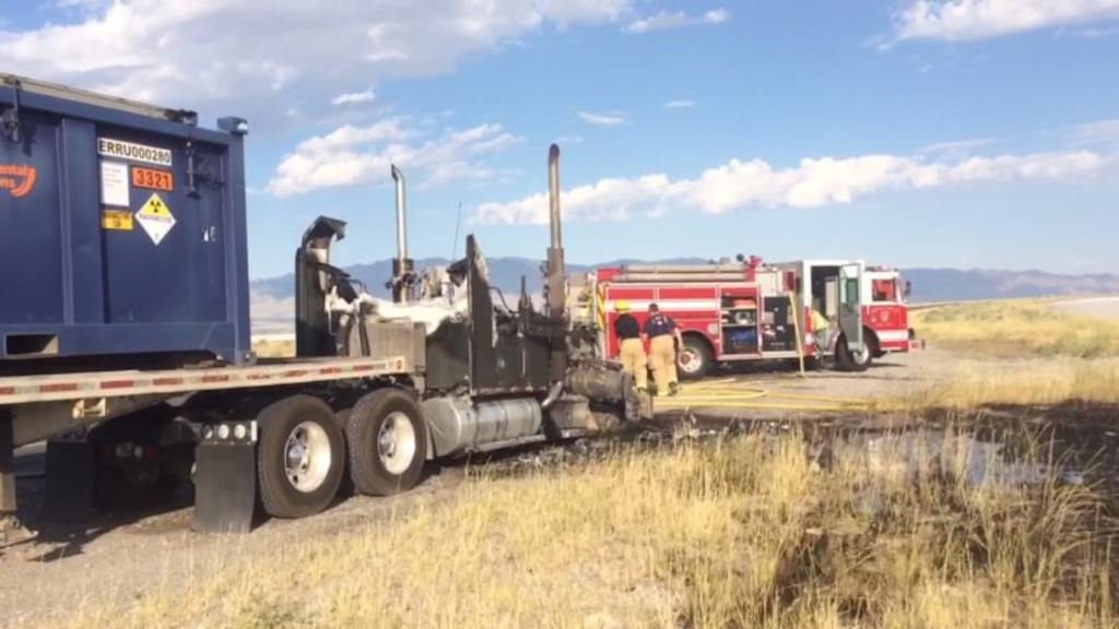 (Photo courtesy of Fox13) A semi-trailer hauling 82,000 pounds of radioactive waste dirt burst into flames Thursday morning on I−80 near Tooele, but no one was injured and there was “no threat to the public,” according to the North Tooele Fire District.