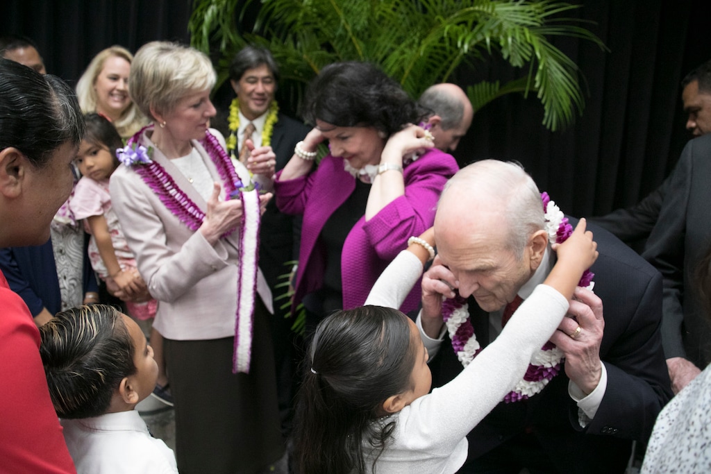 (Courtesy LDS Church) The traditional Hawaiian lei is given to President Russell M. Nelson by a young Latter-day Saint girl at Brigham Young University-Hawaii, Sunday, April 22, 2018. He and Elder Jeffrey R. Holland and their wives spoke at a devotional at the church university.