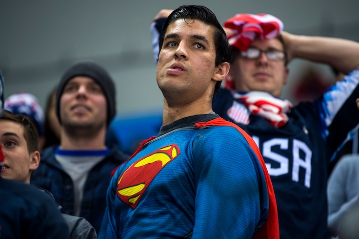 (Chris Detrick  |  The Salt Lake Tribune)  A man dressed as Superman reacts after Russia scored a goal during the United States vs Olympic Athletes from Russia hockey game at Gangneung Hockey Centre during the Pyeongchang 2018 Winter Olympics Saturday, Feb. 17, 2018. Olympic Athletes from Russia defeated United States 4-0.