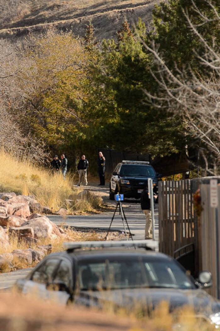 (Trent Nelson | The Salt Lake Tribune)  Law enforcement at the base of Red Butte Canyon in Salt Lake City the morning after University of Utah student ChenWei Guo was killed, Tuesday October 31, 2017.