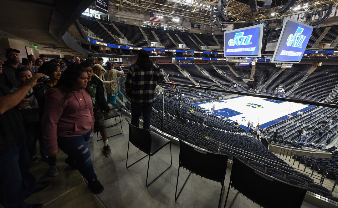 (Francisco Kjolseth  |  The Salt Lake Tribune)  The Jazz unveil renovations for the arena, starting with the J-Note statue and then offering self-guided tours of the venue on Tuesday, Sept. 26, 2017. The arena features new seats, new concourse areas, new anchor restaurants and open spaces for more social experiences at Jazz games and events.