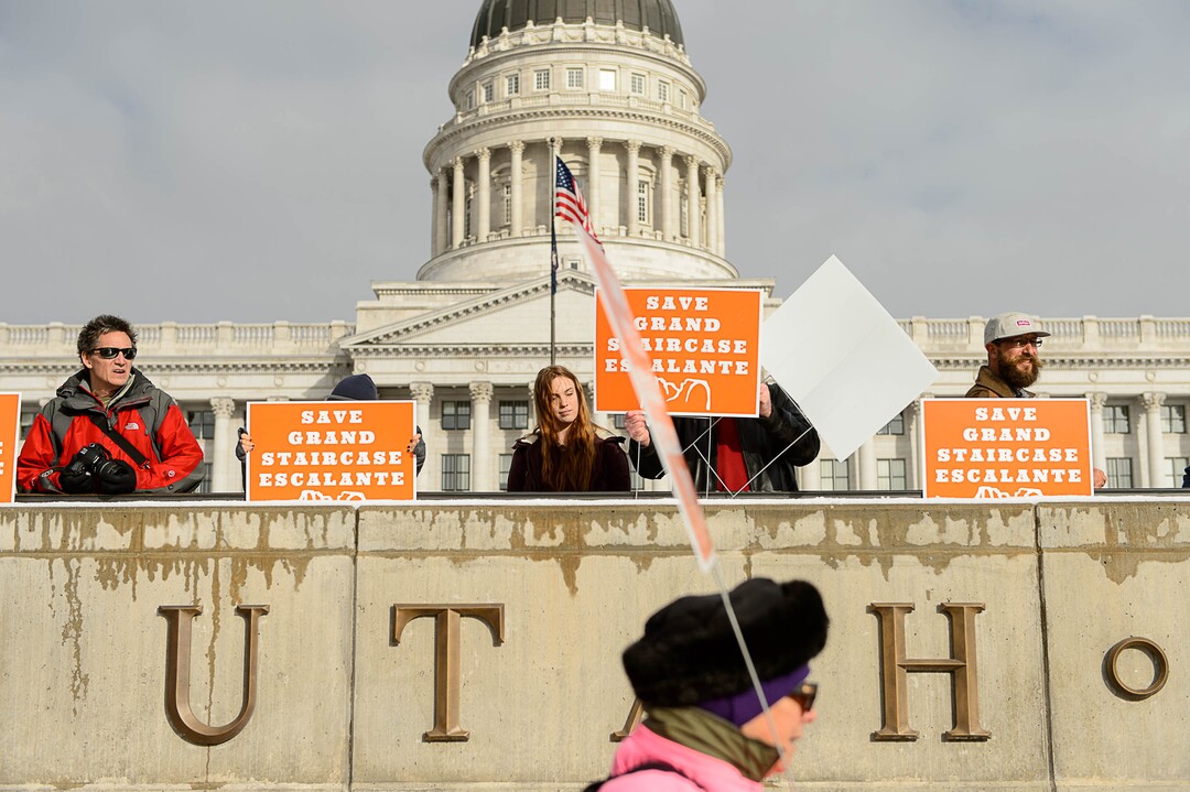 (Trent Nelson | The Salt Lake Tribune)  Protesters gather before a visit by President Donald Trump, Monday December 4, 2017.