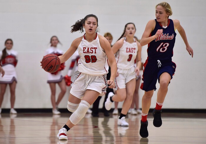 (Scott Sommerdorf   |  The Salt Lake Tribune)   Rae Falatea brings the ball up court during second half play. East beat Woods Cross 50-36, Friday, December 15, 2017.  