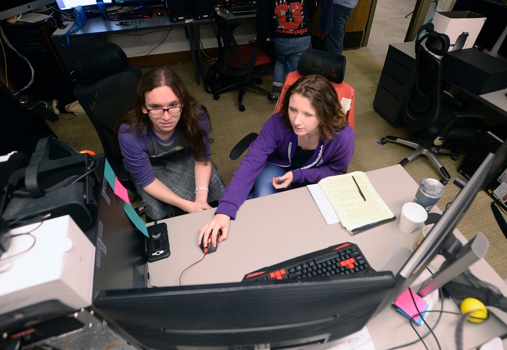(Al Hartmann  |  The Salt Lake Tribune) 	Computer graphics engineer Cornelia Schultz, left, and technical artist Banning Day work on a scene in a story telling narative about the relationship between oral health and diabetes at the University of Utah's Entertainment Arts and Engineering program.  