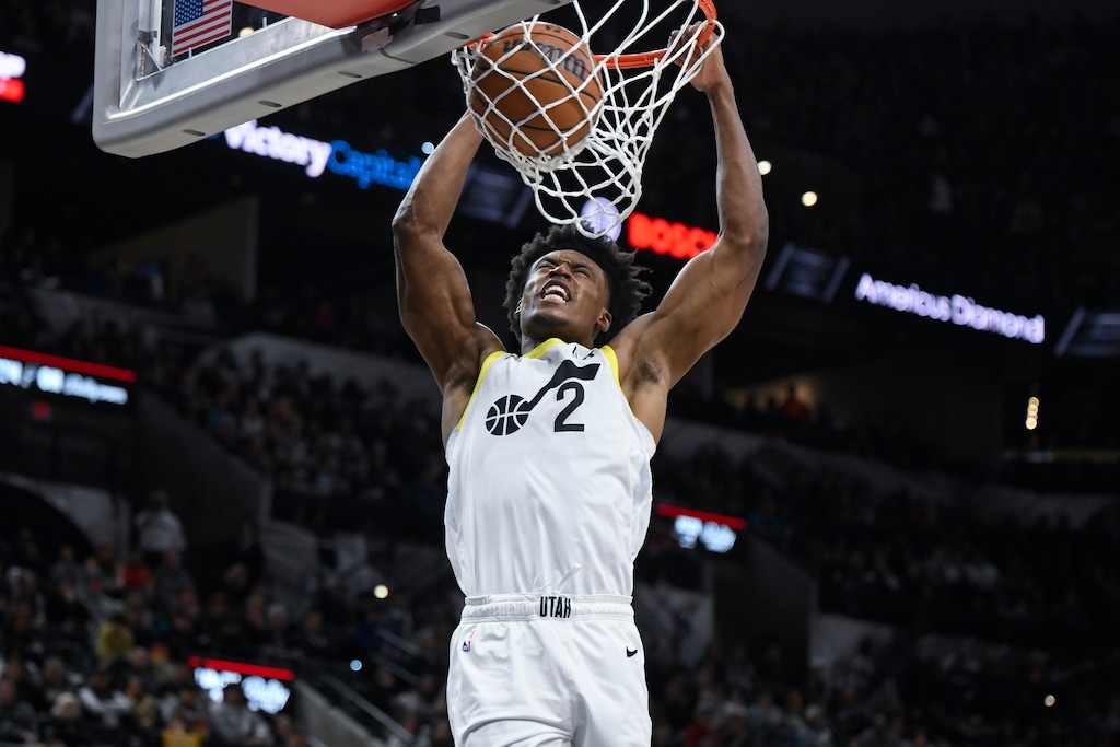 (Darren Abate | AP) Utah Jazz's Collin Sexton dunks during the second half of the team's NBA basketball game against the San Antonio Spurs, Tuesday, Dec. 26, 2023, in San Antonio.