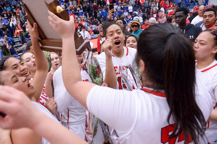 (Leah Hogsten  |  The Salt Lake Tribune)  East defeated Timpview 68-48 to win the the 5A High School Girls' Basketball Tournament title at SLCC in Taylorsville, Saturday, Feb. 24, 2018. 