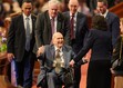 (Chris Samuels | The Salt Lake Tribune) President Russell M. Nelson greets wife Wendy at the conclusion of General Conference of The Church of Jesus Christ of Latter-day Saints in Salt Lake City, Sunday, April 6, 2025.