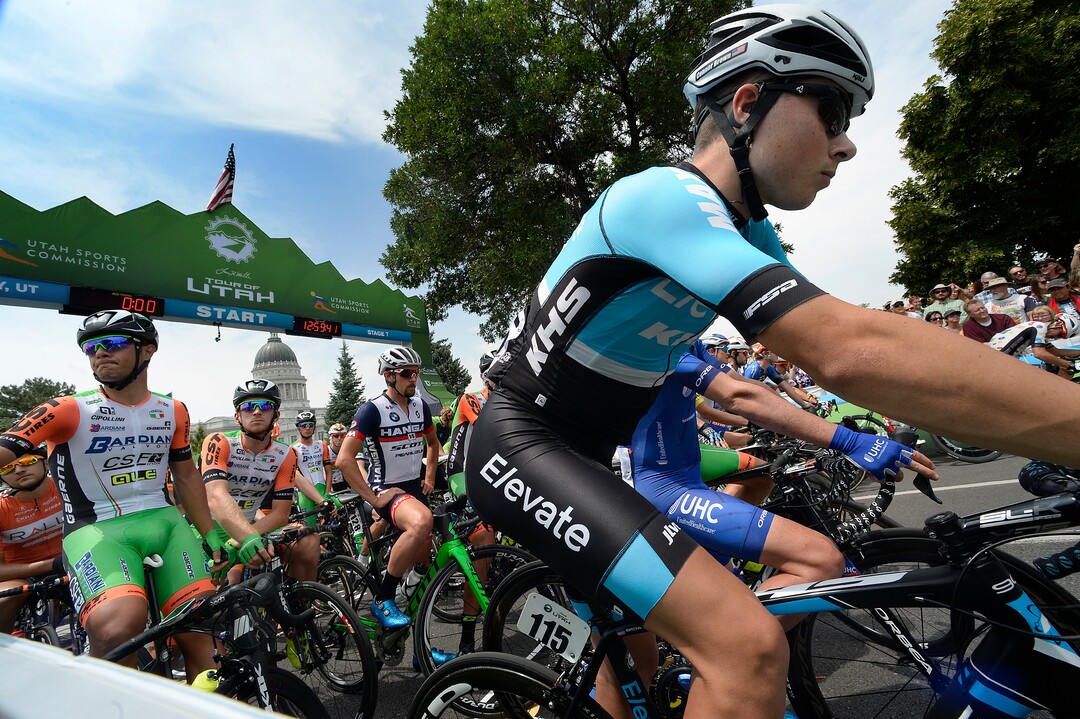 (Scott Sommerdorf   |  The Salt Lake Tribune)   Riders queue up and wait for the start of the 2017 Tour of Utah, Sunday, August 6, 2017.  
