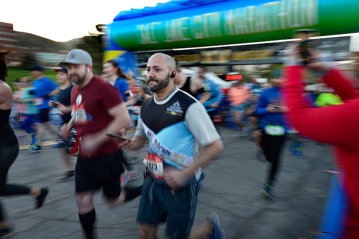 (Scott Sommerdorf | The Salt Lake Tribune)Runners leave the starting line of the Salt Lake City marathon, Saturday, April 21, 2018.