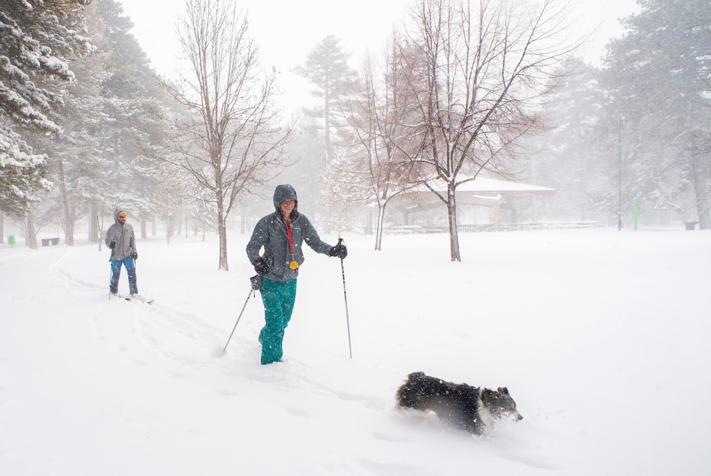 (Rick Egan  |  Tribune file photo)   Dani Bainsmith, a teacher at Northwest Middle School, takes advantage of the snow day to ski at Liberty Park with Matt Bainsmith and their dog Mossi, Monday, Feb. 3, 2020.
