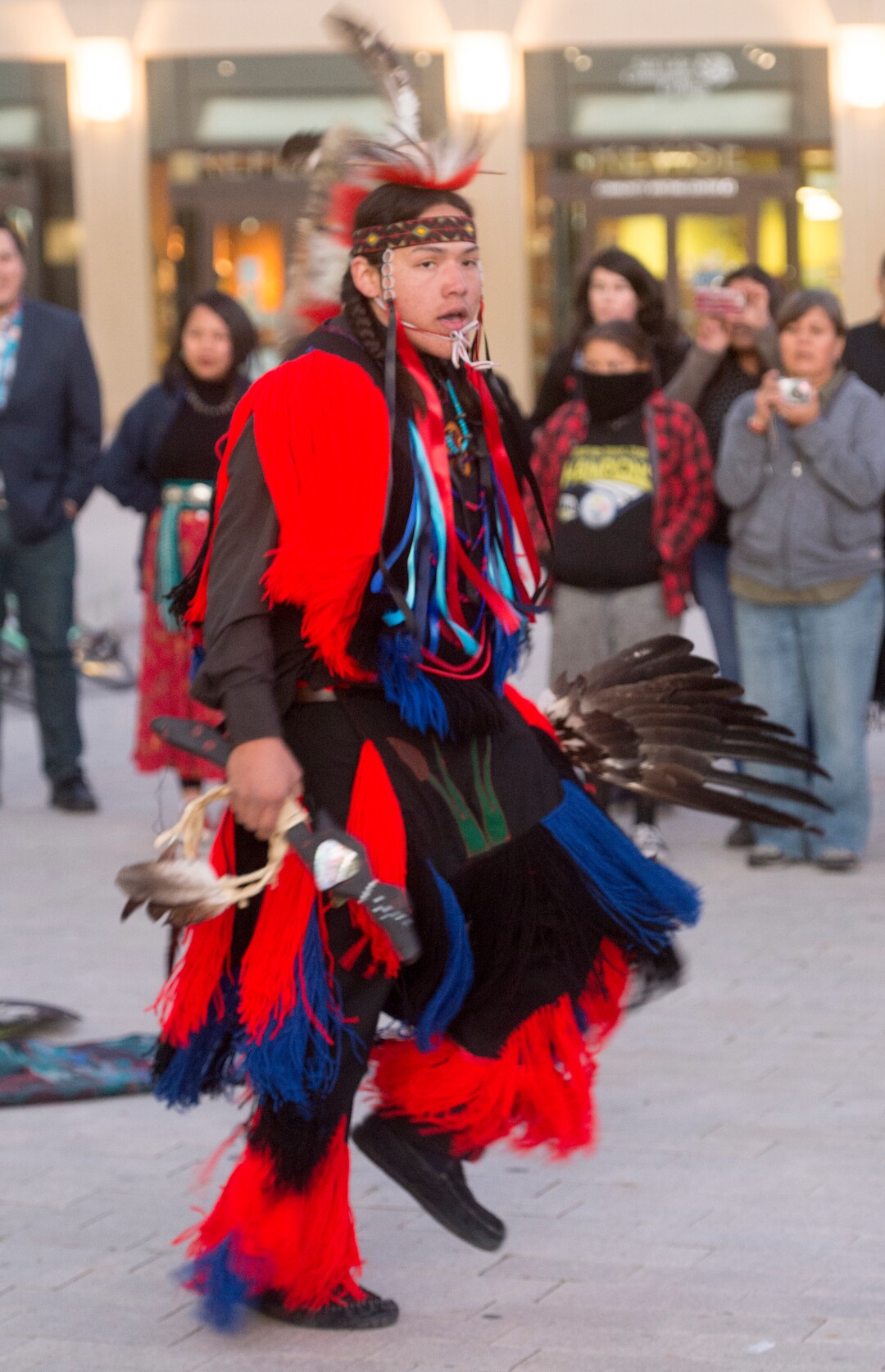 (Rick Egan  |  The Salt Lake Tribune)  Joseph Runsthrough performs a dance, during the Indigenous Peoples Day celebration, hosted by the Utah League of Native American Voters and PANDOS (Peaceful Advocates for Native Dialogue and Organizing Support) at the Salt Lake City Library, Monday, October 9, 2017.