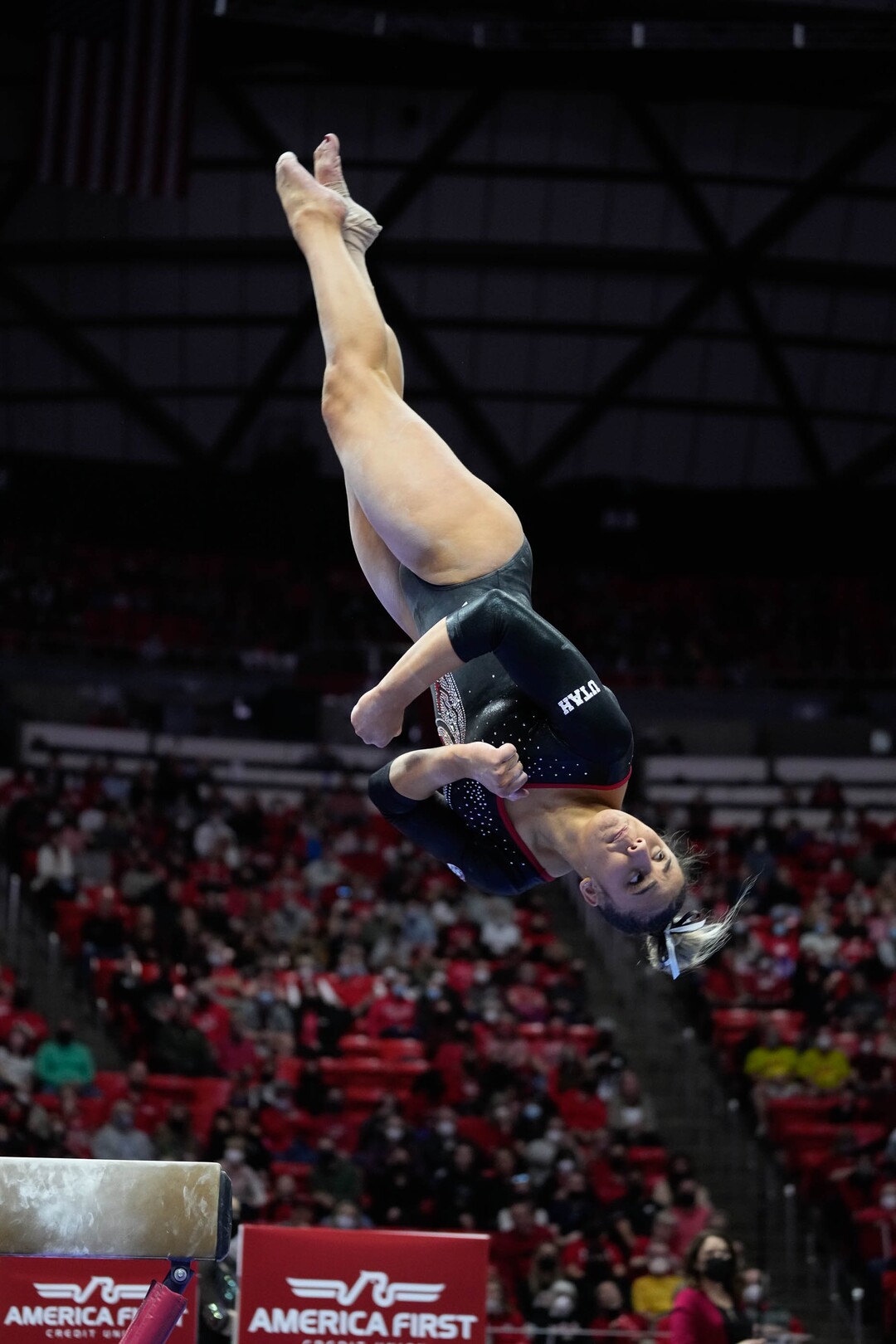 (Francisco Kjolseth | The Salt Lake Tribune) Utah’s Amelie Morgan competes on beam during their gymnastics meet with Stanford at the Huntsman Center in Salt Lake City, Saturday, Jan. 29, 2022.