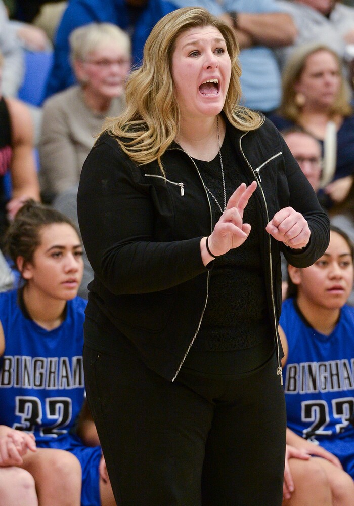 (Leah Hogsten  |  The Salt Lake Tribune) Bingham's head coach Charron Mason makes the call. Fremont defeated Bingham 61-47 to win the 6A High School Girls' Basketball Tournament title at SLCC in Taylorsville,Saturday, Feb. 24, 2018. 