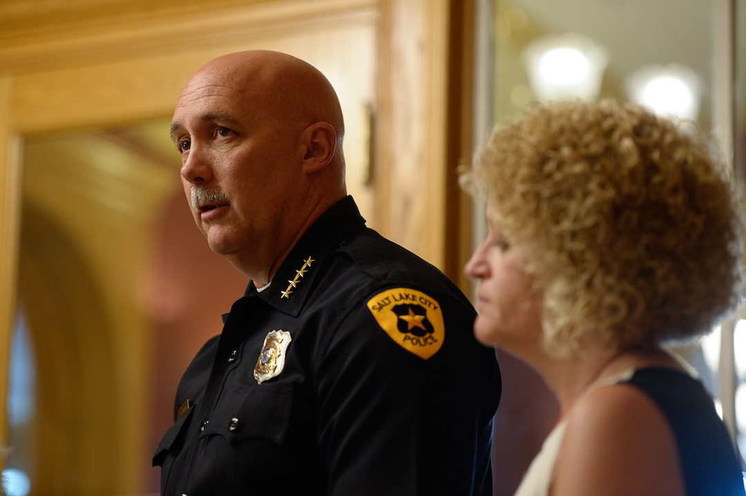 (Francisco Kjolseth  |  The Salt Lake Tribune)  Salt Lake City's Police Chief Mike Brown and Mayor Jackie Biskupski hold a press conference at the City and County building on Friday, Sept. 1, 2017, to apologize for an officer handcuffing a hospital nurse for refusing a blood draw from an unconscious patient.