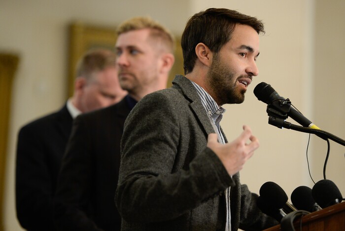 (Francisco Kjolseth  |  The Salt Lake Tribune)  Arturo Fuentes relays his experience with conversion therapy during a press event at the Utah Capitol on Thursday, Feb. 21, 2019, to announce legislation being introduced to ban conversion therapy.