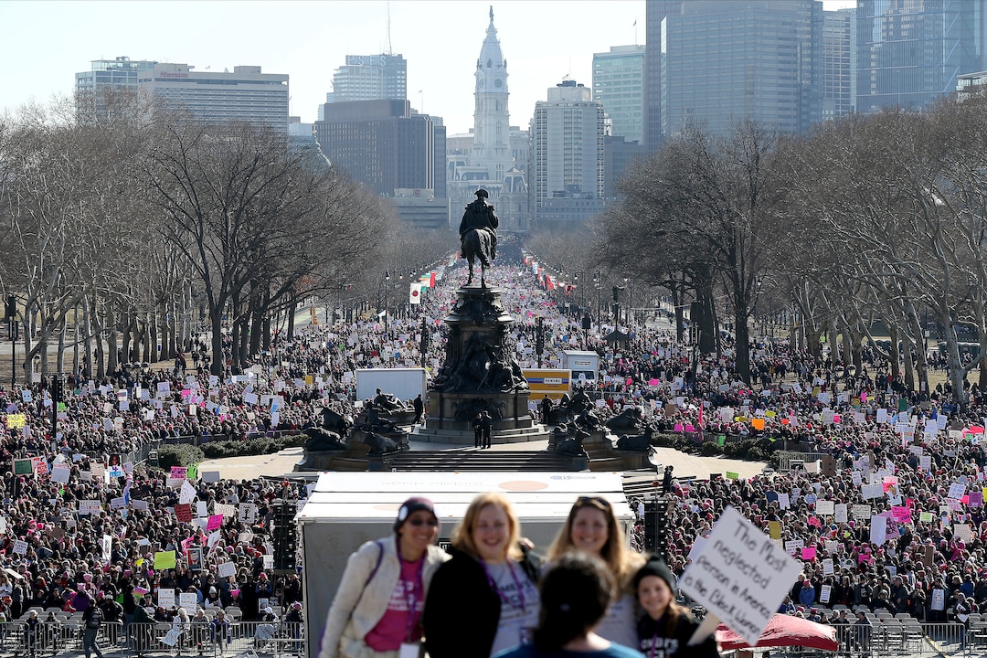 Thousands gather during the Women's March in Philadelphia on Saturday, Jan.  20, 2018. The march is among dozens of rallies being held around the country. The activists are hoping to create an enduring political movement that will elect more women to government office. (David Maialetti /The Philadelphia Inquirer via AP)