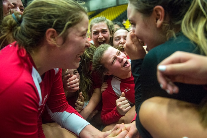 (Chris Detrick  |  The Salt Lake Tribune)  Park City Miners celebrate after winning the 4A volleyball state championships at the UCCU Center at Utah Valley University Thursday, October 26, 2017.  Park City defeated Sky View 3-0.
