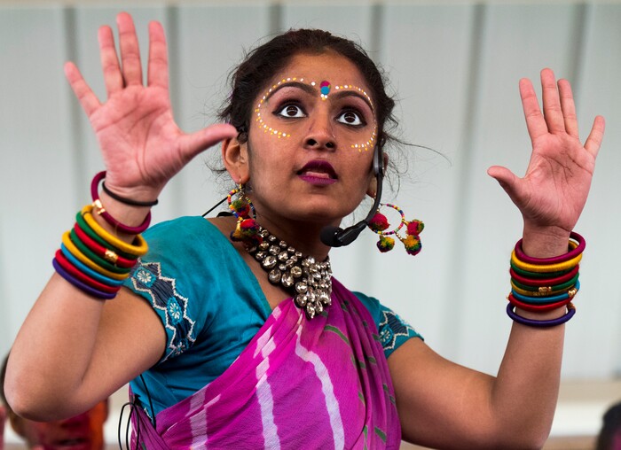 (Rick Egan  |  The Salt Lake Tribune)      Aakansha Maheshwari performs with Aakansha Bollypop, during the 22nd annual Holi Festival of Colors at the Sri Sri Radha Krishna Temple in Spanish Fork, Saturday, March 24, 2018. The festival which celebrates the beginning or spring is also known as at the Festival of Love.
