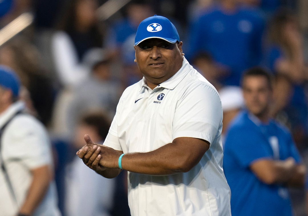 (Rick Egan | The Salt Lake Tribune) Brigham Young Cougars head coach Kalani Sitake takes the field before football action between the Brigham Young Cougars and the Baylor Bearsat LaVell Edwards Stadium in Provo, on Saturday, Sept. 10, 2022.