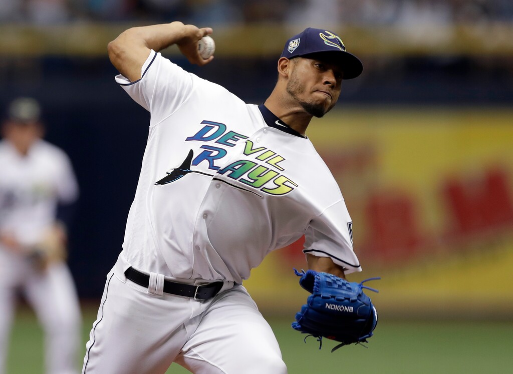 Tampa Bay Rays' Wilmer Font pitches to the New York Yankees during the first inning of a baseball game Saturday, June 23, 2018, in St. Petersburg, Fla. (AP Photo/Chris O'Meara)