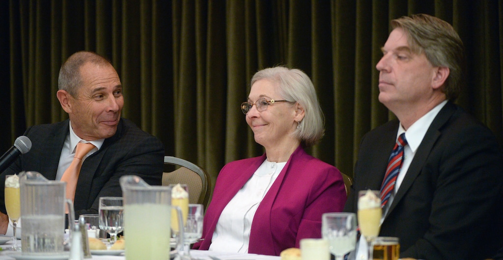 (Al Hartmann  |  The Salt Lake Tribune) 	Republican candidate John Curtis, left, Democratic candidate Dr. Kathie Allen and United Utah Party candidate Jim Bennett debate at the Rotary Club lunch Tuesday Oct. 31 in Salt Lake City.  They are running for the Congressional 3rd district seat which was vacated by Jason Chaffetz. 