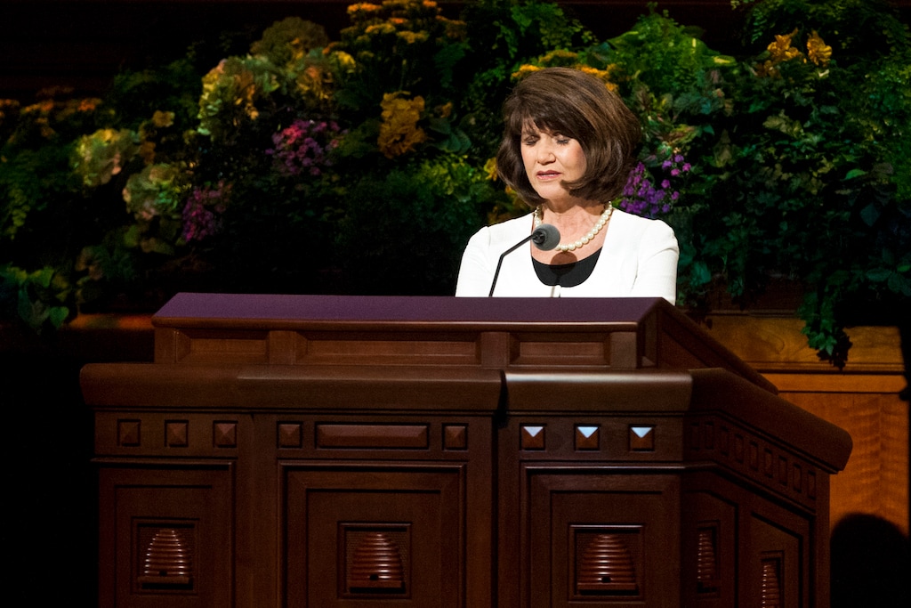 (Chris Detrick  |  The Salt Lake Tribune)
Jean A. Stevens prays during the morning session of the 183rd Annual General Conference of The Church of Jesus Christ of Latter-day Saints Saturday April 6, 2013. It marked the first time ever a Mormon woman offered a public prayer in the LDS Church's General Conference before millions of viewers.