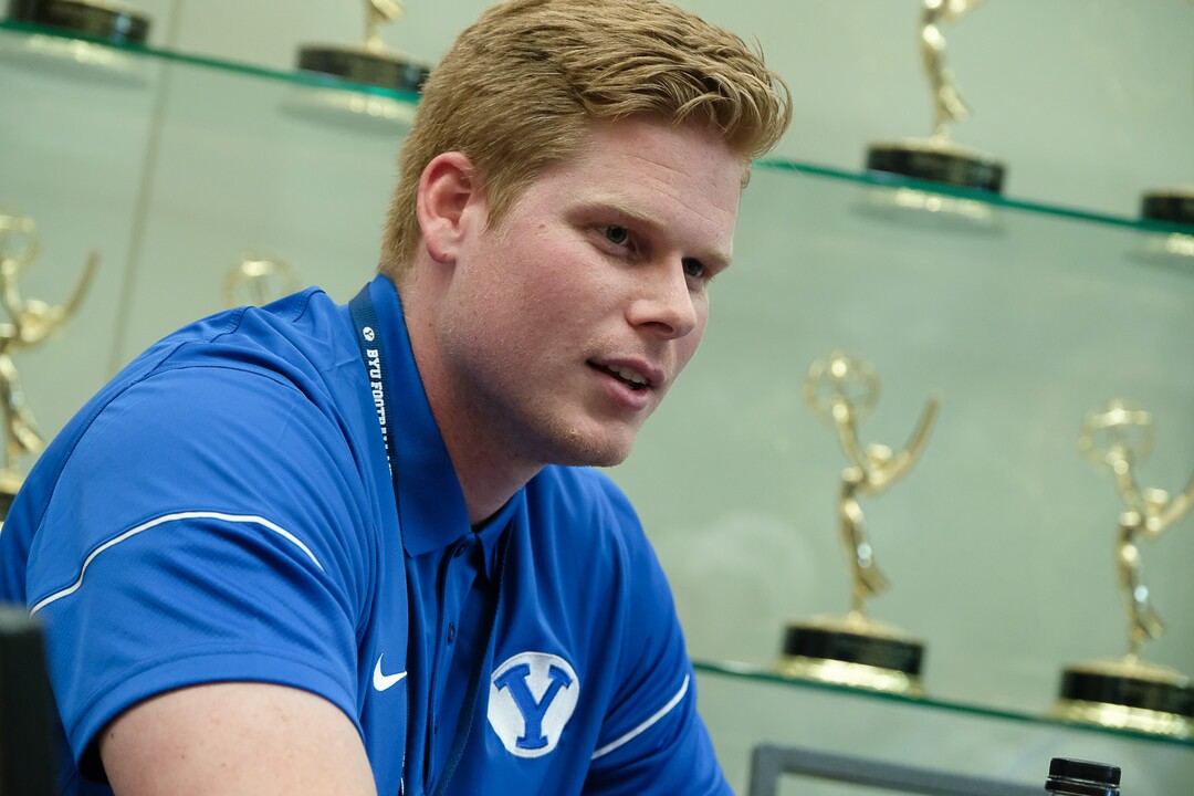 (Francisco Kjolseth  |  The Salt Lake Tribune)  Tight end Matt Bushman is interviewed during BYU football media day at the BYU Broadcasting Building in Provo on Tuesday, June 18, 2019.