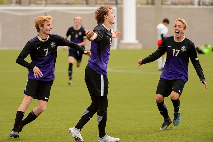 (Trent Nelson | The Salt Lake Tribune)  Desert Hills vs. Park City High School, Saturday May 12, 2018. Desert Hills's Kelton Holt celebrates a goal.