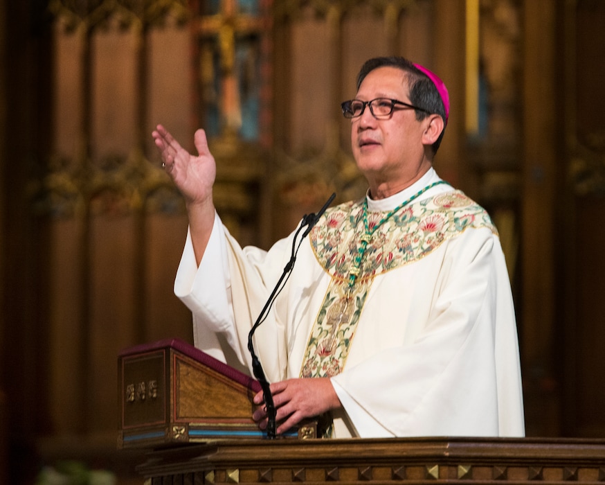 (Rick Egan  |  The Salt Lake Tribune)
Bishop Oscar A. Solis welcomes worshippers at the Easter Sunday of the Resurrection of the Lord Mass at the Cathedral of the Madeleine, Sunday, April 16, 2017.