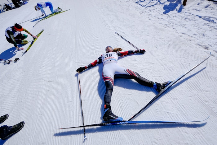 (Francisco Kjolseth | The Salt Lake Tribune) Sydney Palmer-Leger of the University of Utah catches her breath after competing in the women’s 5K classic in the NCAA Skiing Championships held at the Soldier Hollow Nordic Center on Thursday, March 10, 2022 in Midway, Utah.