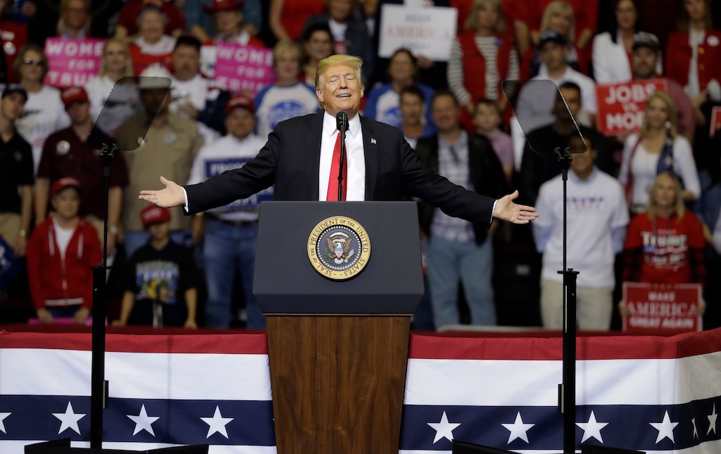 (Eric Gay | The Associated Press) In this Oct. 22, 2018 photo, President Donald Trump speaks during a campaign rally in Houston. Trump was kicking off an 8-state campaign blitz on Wednesday, seeking to shore up Senate Republicans against an onslaught of Democratic surrogates entering the midterm campaign's final weekend.
