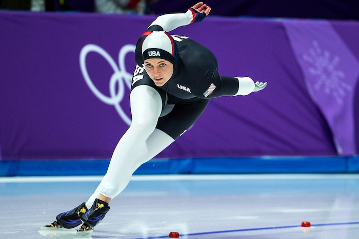(Chris Detrick  |  The Salt Lake Tribune)  USA's Heather Bergsma races Netherlands' Marrit Leenstra in the Ladies' 1,000m during the Pyeongchang 2018 Winter Olympics Wednesday, Feb. 14, 2018.  Bergsma finished in 8th place with a time of 1:15.15.