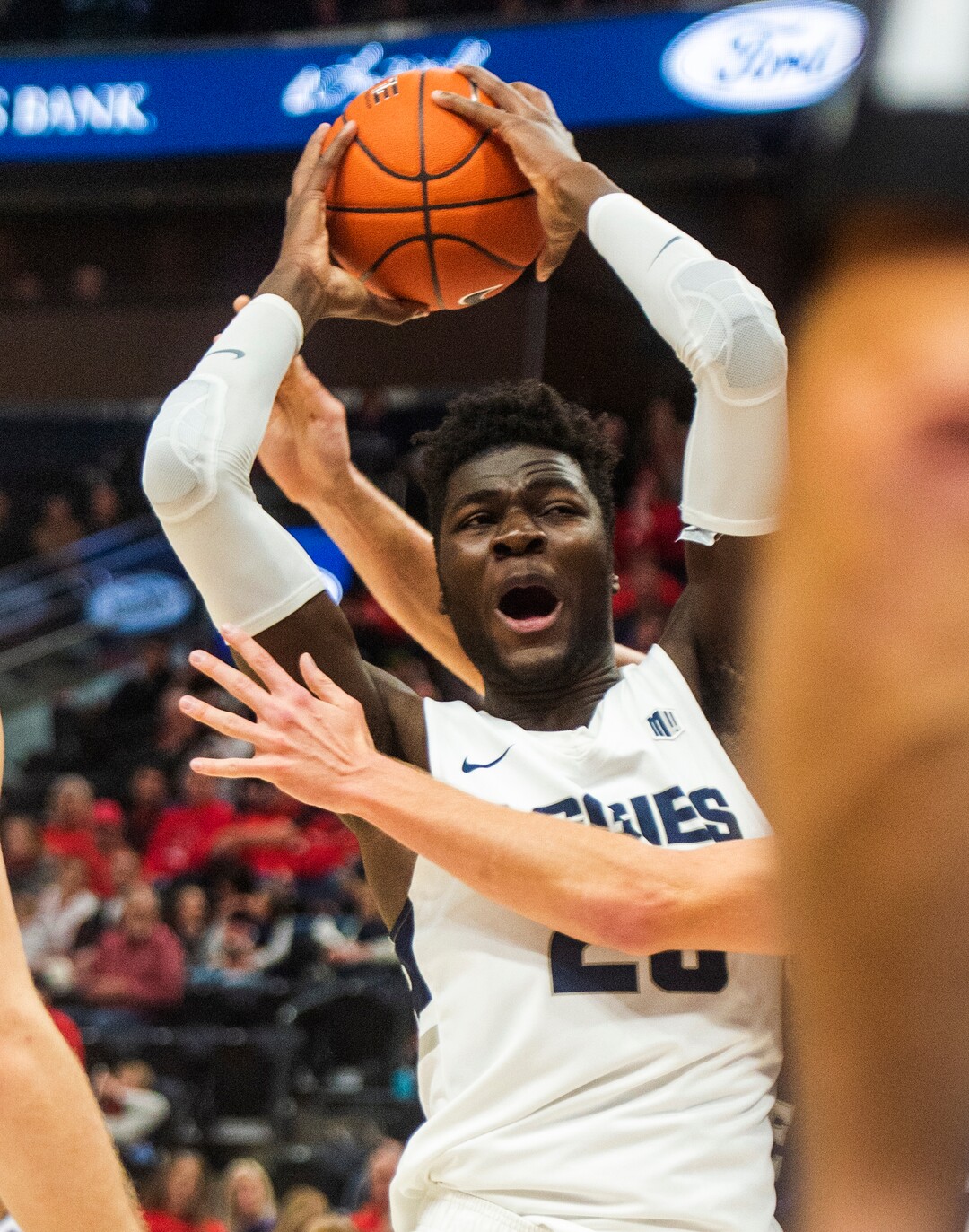 (Rick Egan  |  The Salt Lake Tribune)   Utah State Aggies center Neemias Queta (23), looks for a shot, in the Beehive Classic, between against the Utah State Aggies and Weber State Wildcats, a the Vivint Smart Home Arena, Saturday December 8, 2018. 