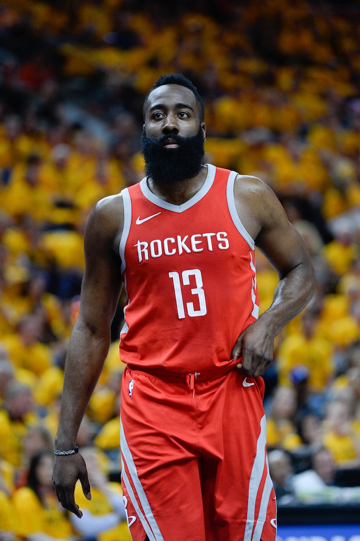 (Francisco Kjolseth | The Salt Lake Tribune) Houston Rockets guard James Harden (13) takes on the Utah Jazz in Game 4 of the NBA playoffs at the Vivint Smart Home Arena Sunday, May 6, 2018 in Salt Lake City.