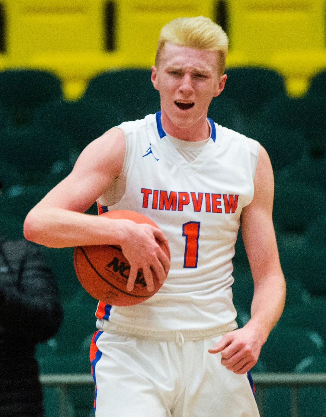 (Rick Egan  |  The Salt Lake Tribune)  Timpview Thunderbirds Hunter Erickson (1) reacts after picking up his 5th foul, in 5A basketball playoff action between the Timpview Thunderbirds and at the Skyline Eagles, at the UCCU Center in Orem, Monday, Feb. 26, 2018.