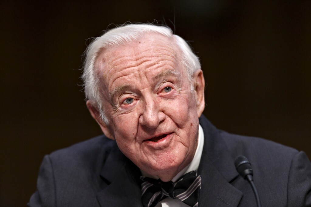 FILE - In this April 30, 2014, file photo, retired Supreme Court Justice John Paul Stevens testifies on the ever-increasing amount of money spent on elections as he appears before the Senate Rules Committee on Capitol Hill in Washington. Stevens is calling for the repeal of the Second Amendment to allow for significant gun control legislation. The 97-year-old Stevens says in an essay on The New York Times website that repeal would weaken the National Rifle Association's ability to "block constructive gun control legislation." (AP Photo)
