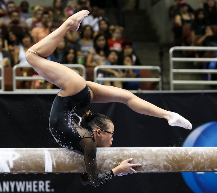 Morgan Hurd competes on the balance beam during women's U.S. gymnastics championships Sunday, Aug. 20, 2017, in Anaheim, Calif. (AP Photo/Ringo H.W. Chiu)