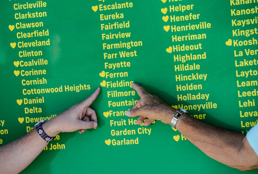(Francisco Kjolseth  |  The Salt Lake Tribune)  Lt. Gov. Spencer Cox poses for a photograph with Fielding Mayor Chuck Earl after placing a heart next to the campaign stop as he attempts to visit each of the 248 cities and towns in the state during his gubernatorial campaign tour of Box Elder County on Tuesday, July 30, 2019.