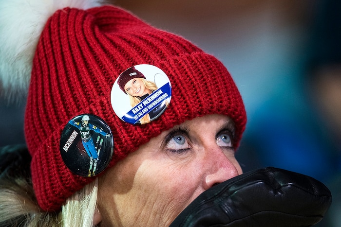 (Chris Detrick  |  The Salt Lake Tribune)  Allison McKinnon watches to see if her daughter Kiley McKinnon will qualify for the finals during the Ladies' Aerials Qualification at Phoenix Park during the Pyeongchang 2018 Winter Olympics Thursday, Feb. 15, 2018.  McKinnon qualified for the finals with a score of 87.88. 