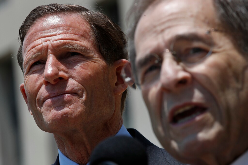 Sen. Richard Blumenthal, D-Conn., left, listens as Rep. Jerrold Nadler, D-N.Y., speaks during a news conference about a lawsuit filed on behalf of nearly 200 Members of Congress seeking 'to hold President Donald Trump accountable to the U.S. Constitution's Foreign Emoluments Clause,' Thursday, June 7, 2018, in Washington. Lawyers representing nearly 200 Democrats in Congress plan to argue in federal court that President Donald Trump is violating the Constitution by accepting foreign state favors without first seeking congressional approval. (AP Photo/Jacquelyn Martin)