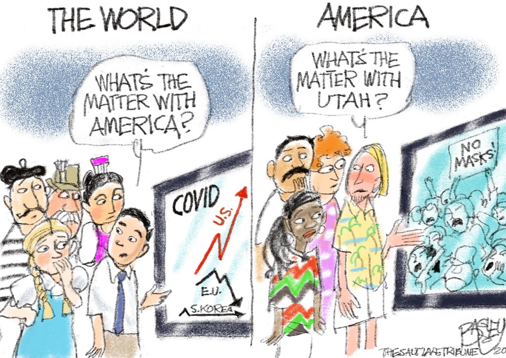 (Pat Bagley | The Salt Lake Tribune) This cartoon, titled "Eyes on The Beehive," appears in The Salt Lake Tribune on Friday, July 17, 2020.