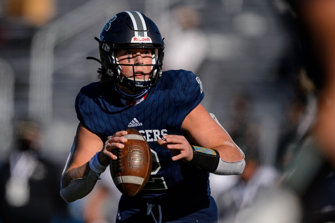 (Trent Nelson  |  The Salt Lake Tribune) Corner Canyon's Jaxson Dart during the 6A state football championship game against Lone Peak at Cedar Valley High School in Eagle Mountain on Friday, Nov. 20, 2020.