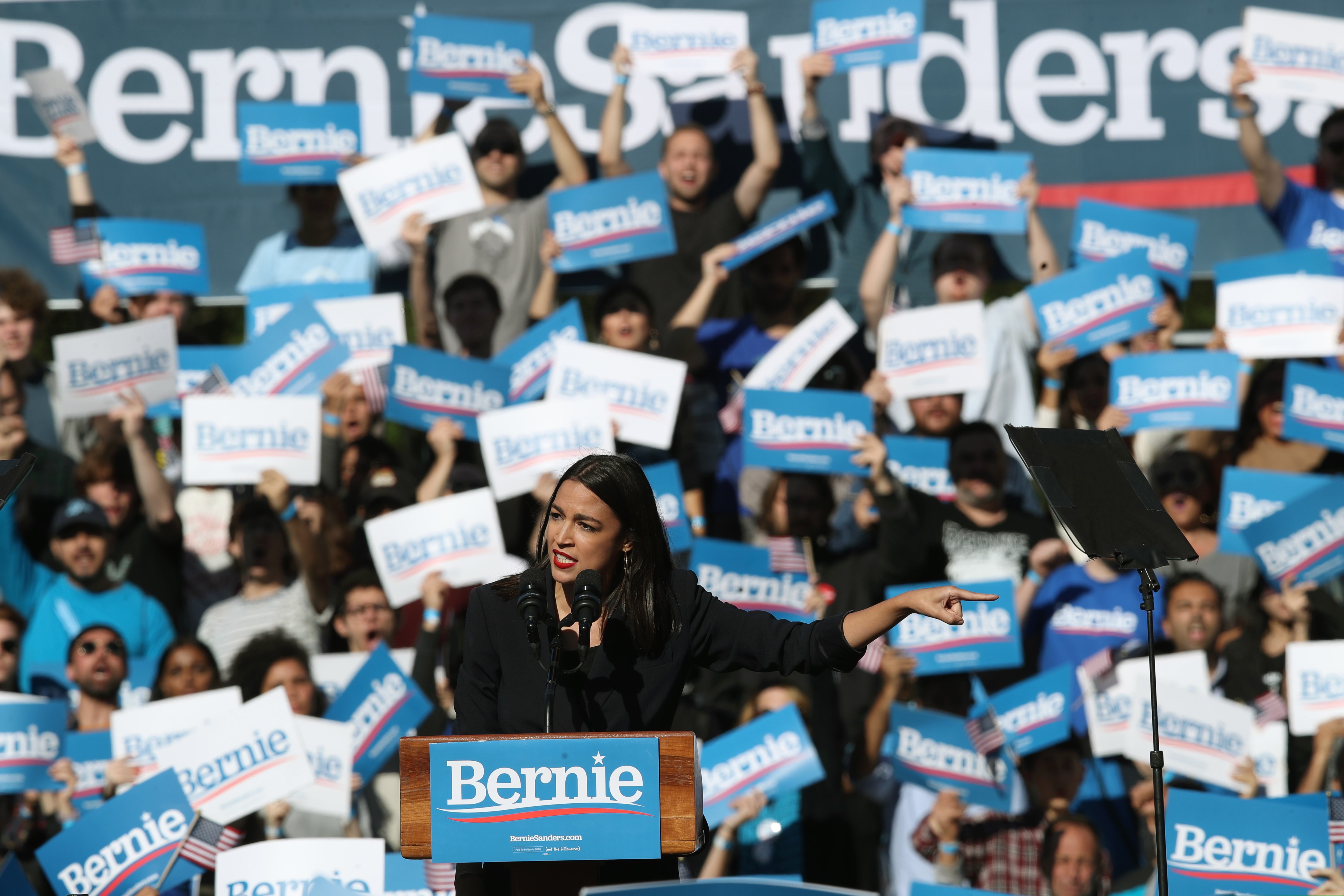 Rep. Alexandria Ocasio-Cortez, D-N.Y., speaks during a campaign rally for Democratic presidential candidate Sen. Bernie Sanders, I-Vt., on Saturday, Oct. 19, 2019 in New York. (AP Photo/Mary Altaffer)