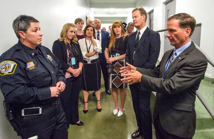 (Rick Egan  |  The Salt Lake Tribune)  Lt. Melissa Moore talks to Rep. Chris Stewart,  at the Utah State Prison, Wednesday, August 23, 2017.


